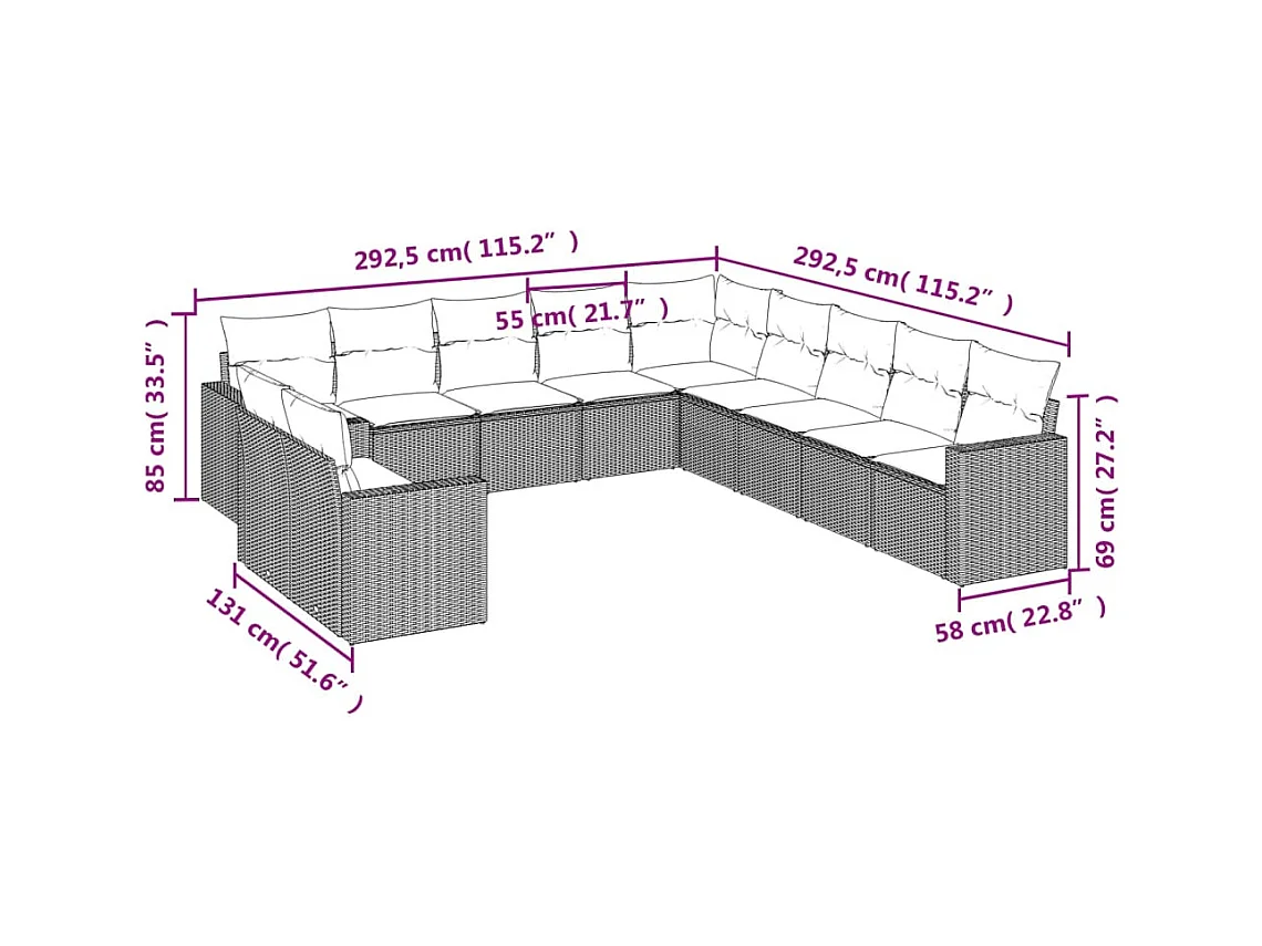11-tlg. Garten-Sofagarnitur mit Kissen Beige Poly Rattan