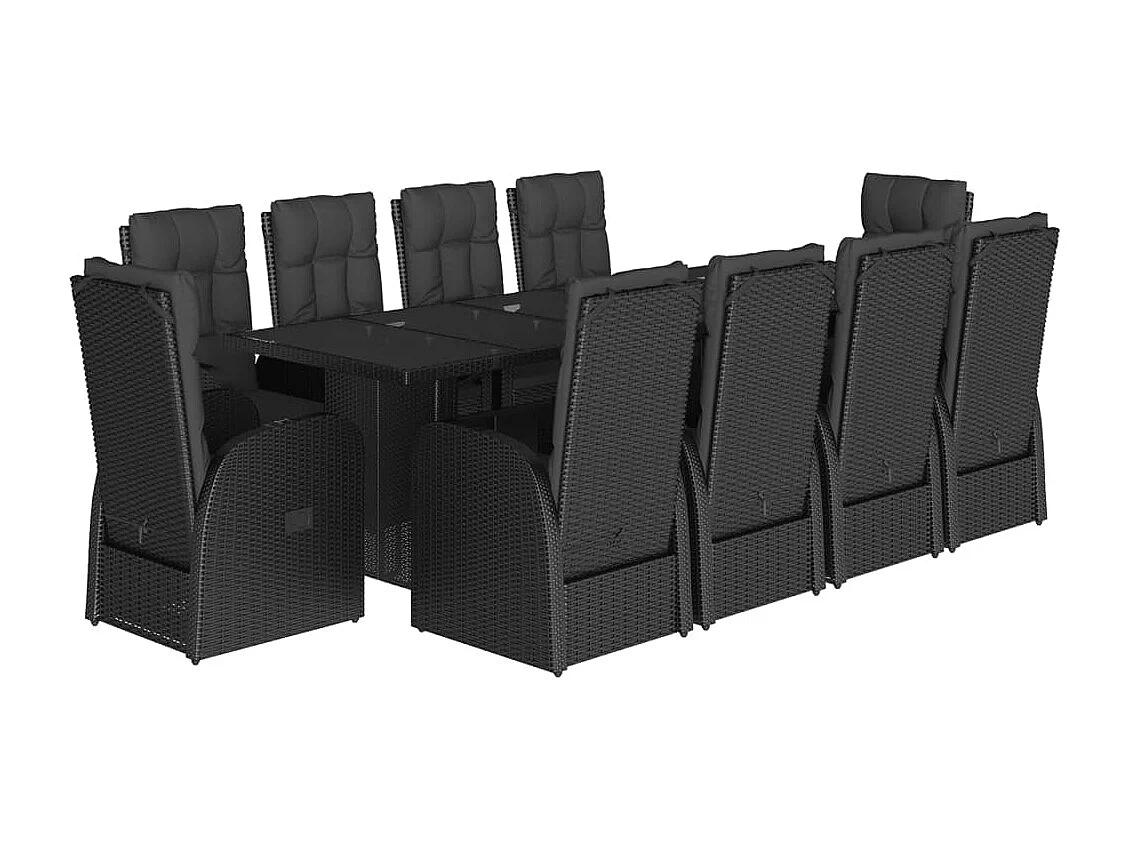 11 pcs conjunto de jantar p/ jardim c/ almofadões vime PE preto