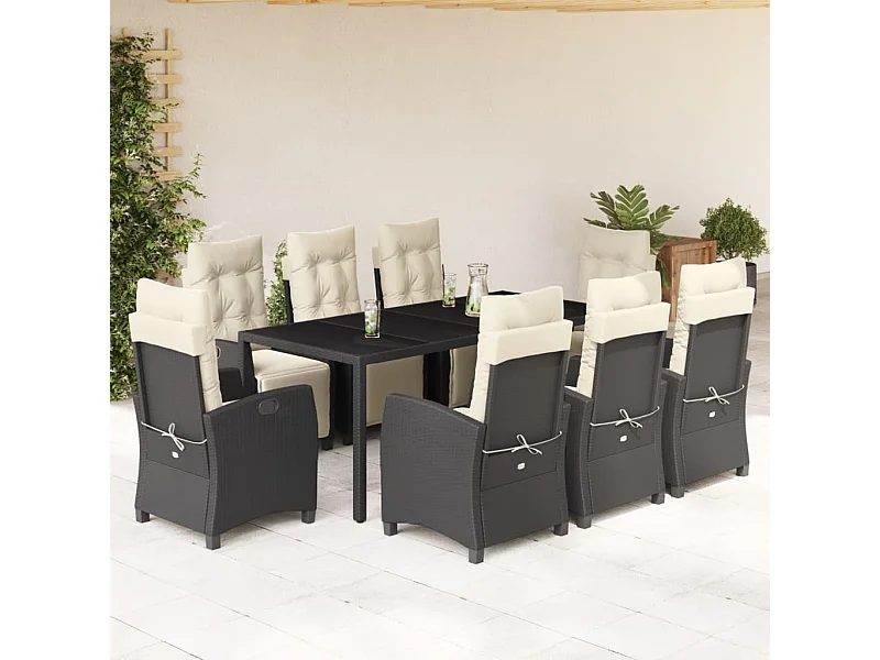 9-tlg. Garten-Essgruppe mit Kissen Schwarz Poly Rattan