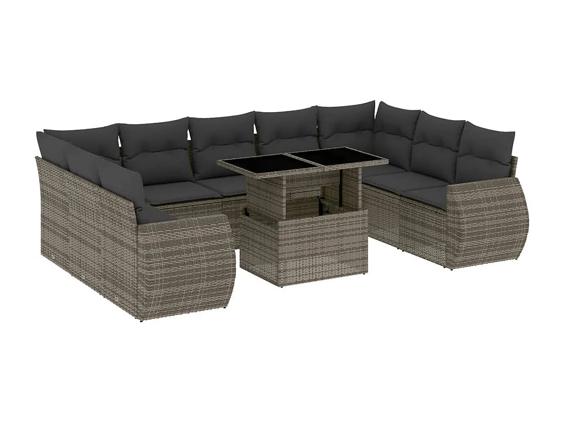 10-delige Loungeset met kussens poly rattan grijs