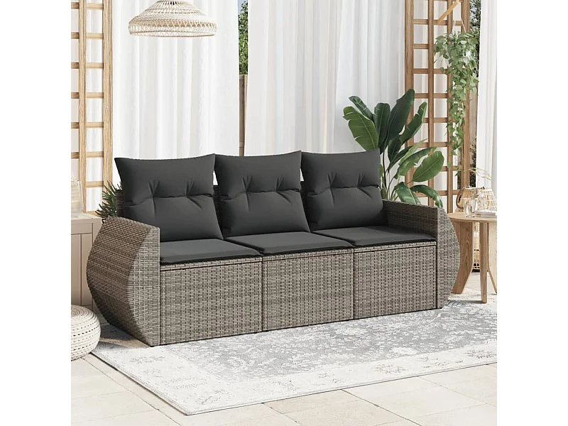 Salon de jardin avec coussins 3 pcs gris résine tressée