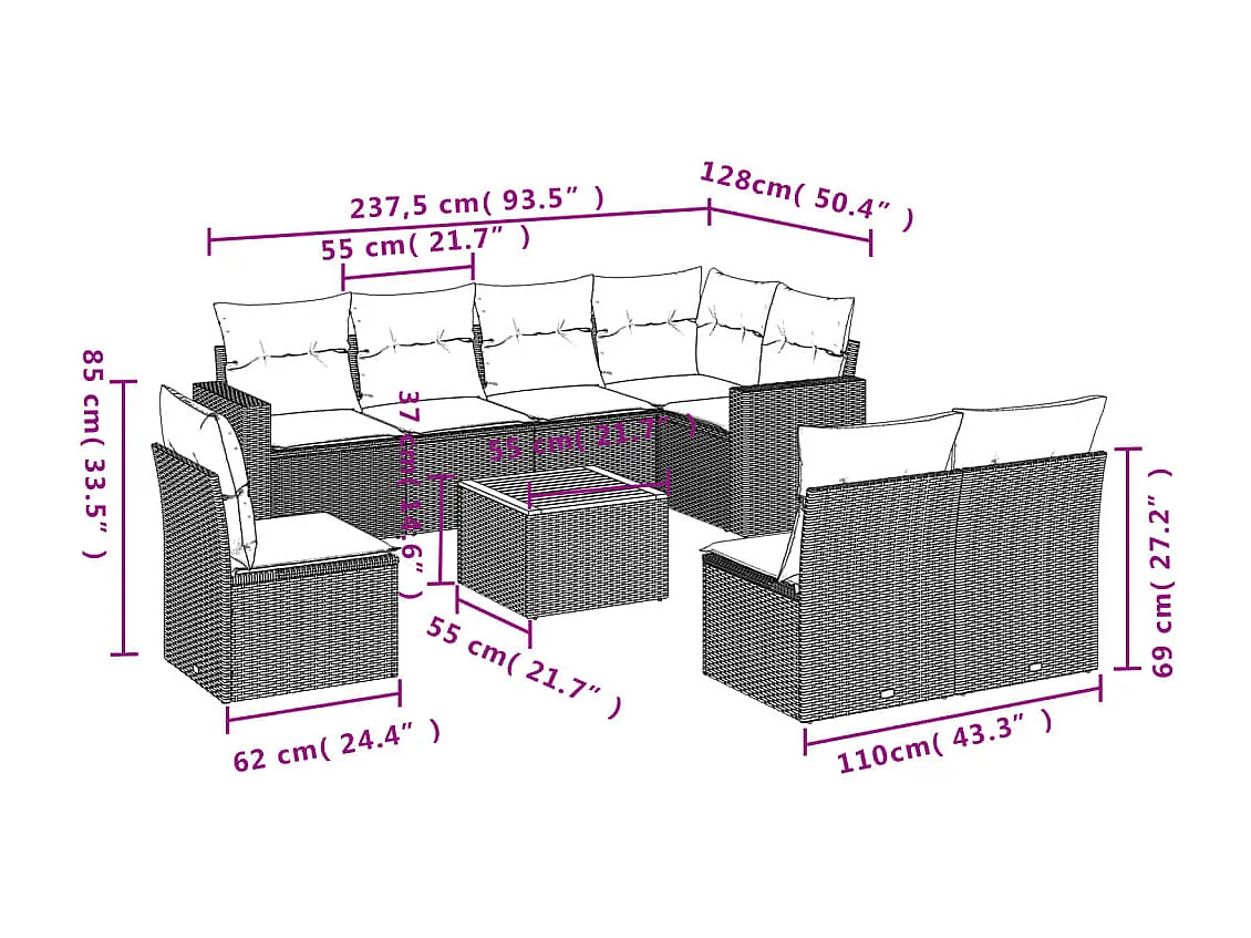 9-delige Loungeset met kussens poly rattan zwart