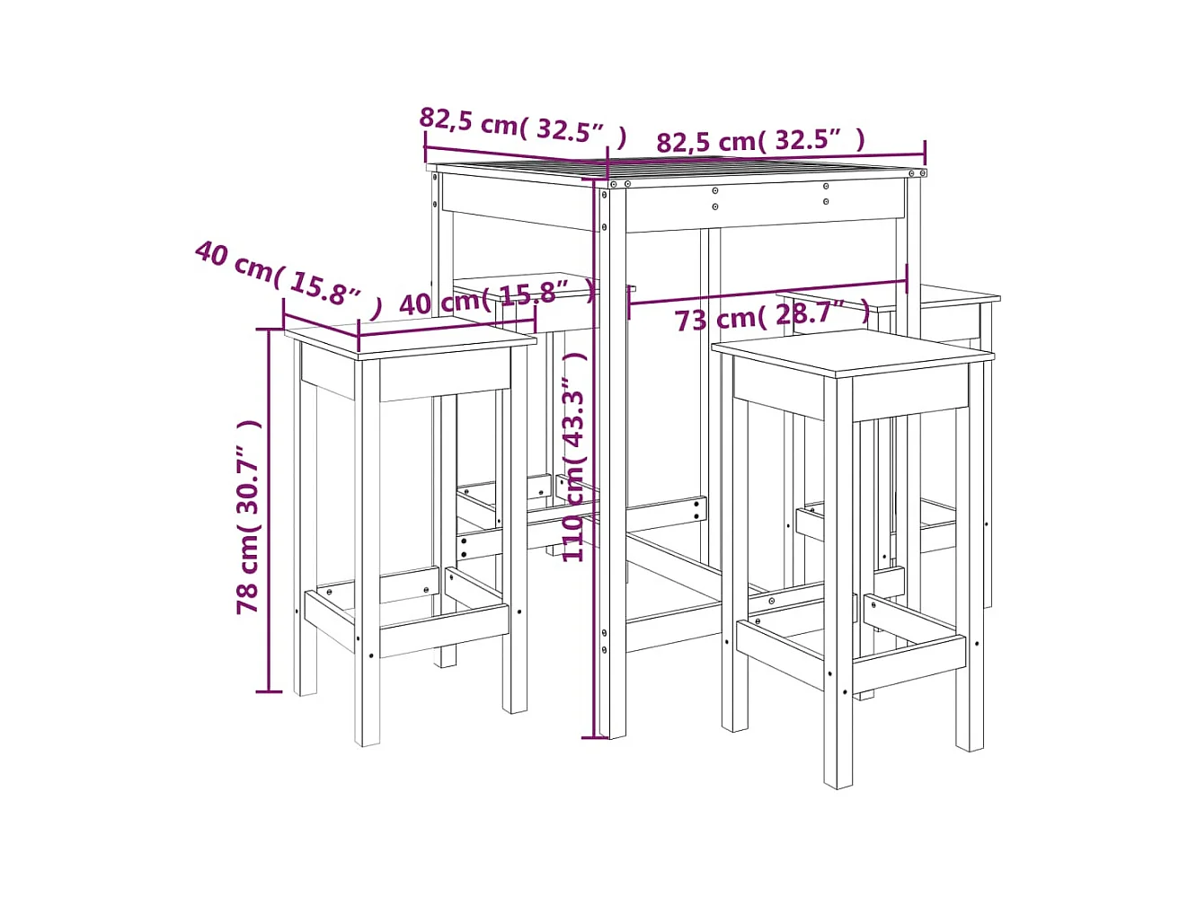 Ensemble de bar de jardin 5 pcs blanc bois massif de pin