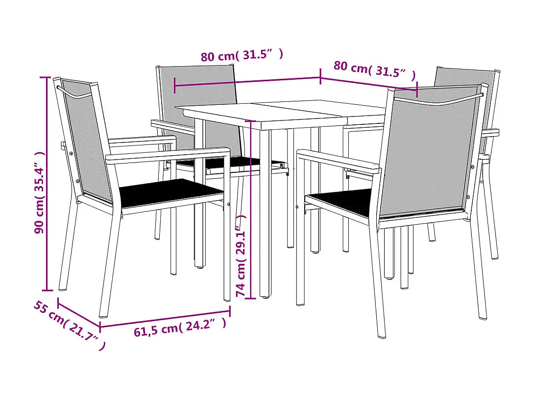 Juego de comedor para jardín 5 piezas acero y textilene negro