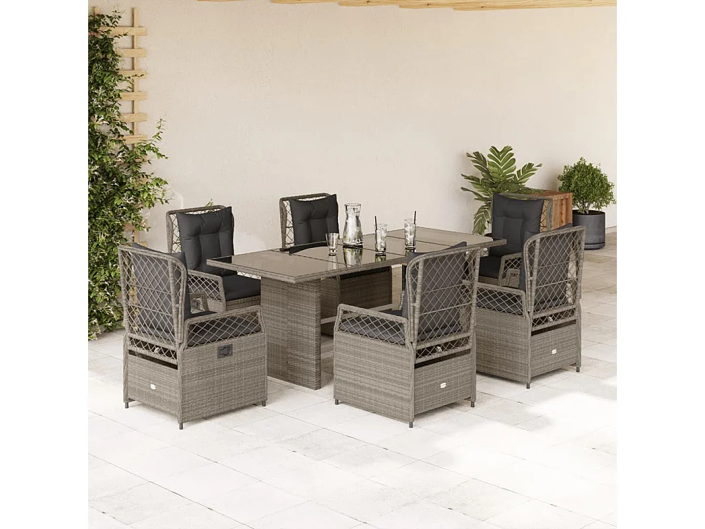 7-tlg. Garten-Essgruppe mit Kissen Hellgrau Poly Rattan