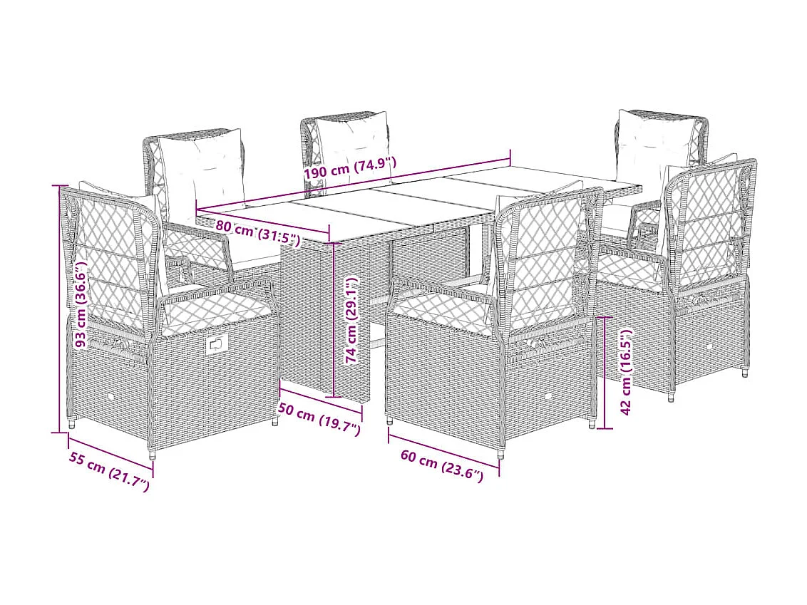 7-tlg. Garten-Essgruppe mit Kissen Hellgrau Poly Rattan