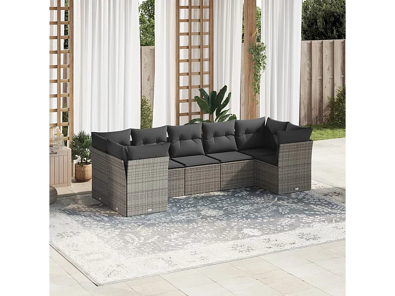 7-tlg. Garten-Sofagarnitur mit Kissen Grau Poly Rattan