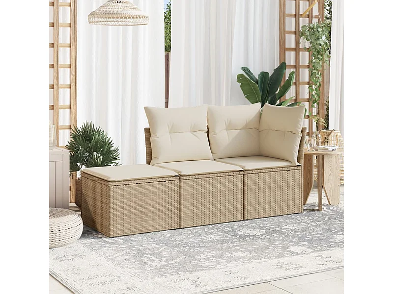 Set Divano da Giardino 3 pz con Cuscini Beige in Polyrattan