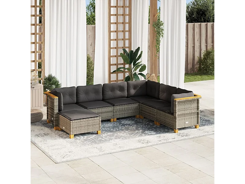 Set Divani da Giardino 7 pz con Cuscini Grigio in Polyrattan