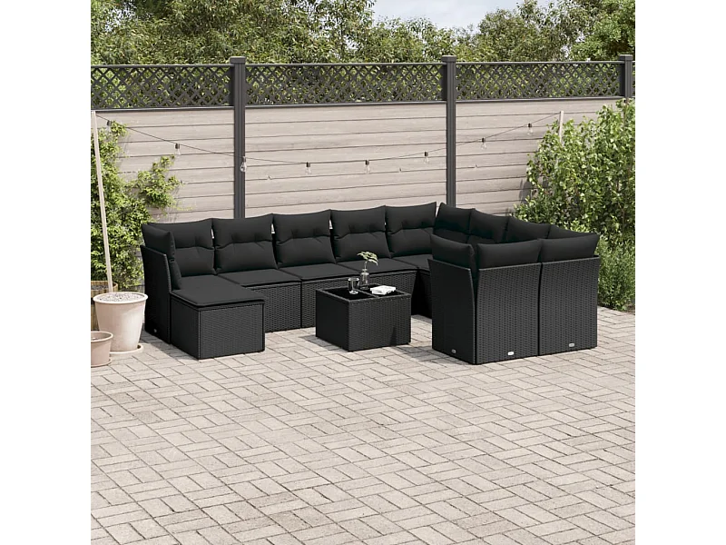 Set Divani da Giardino 10pz con Cuscini in Polyrattan Nero