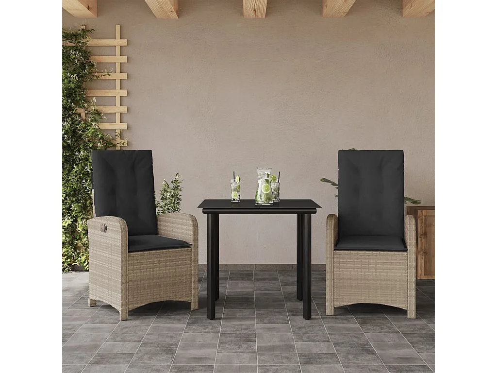 Set Pranzo da Giardino 3pz con Cuscini Grigio Chiaro Polyrattan