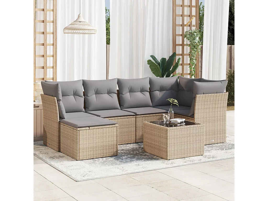 Salon de jardin avec coussins 7 pcs beige résine tressée