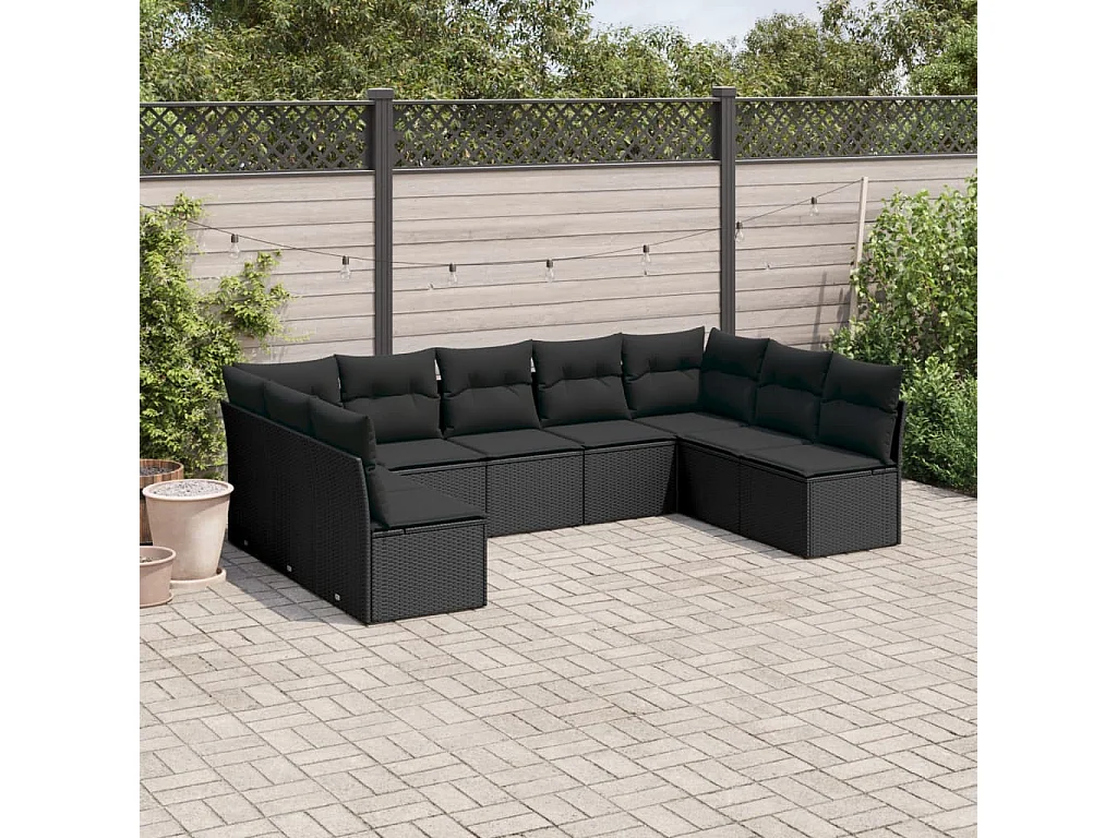 9-delige Loungeset met kussens poly rattan zwart