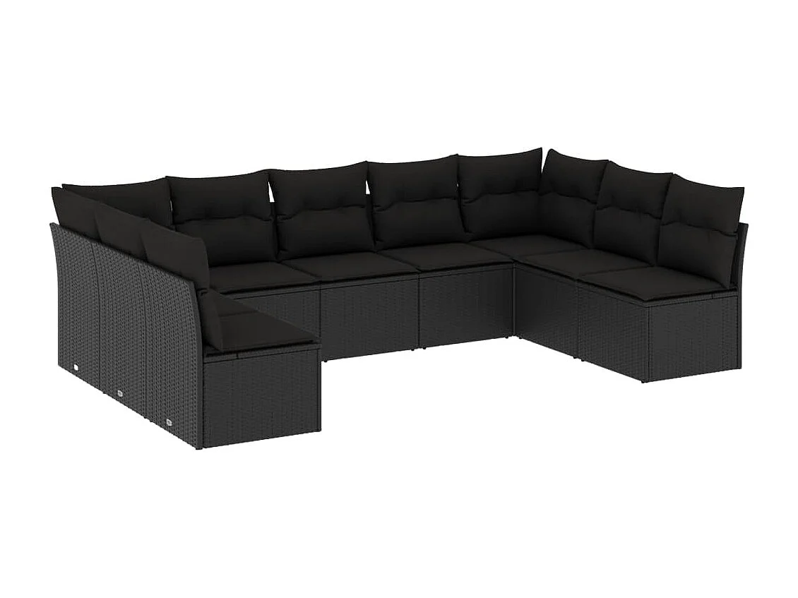 9 pcs conjunto de sofás p/ jardim c/ almofadões vime PE preto
