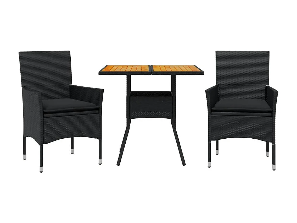 Ensemble à manger de jardin et coussins 3 pcs noir rotin acacia