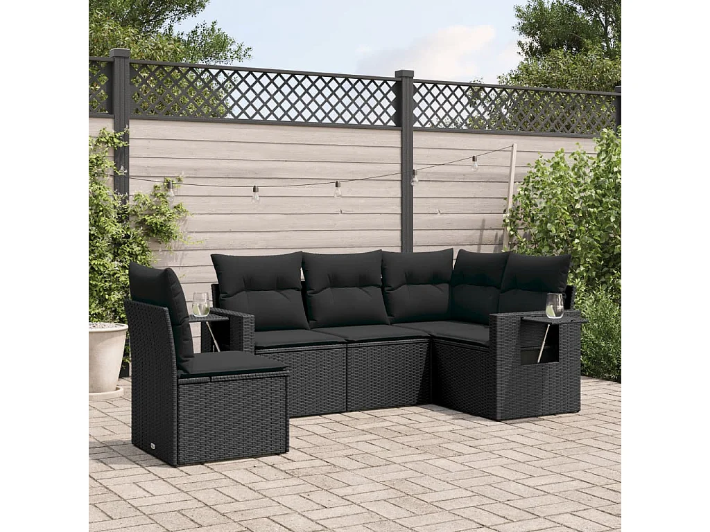 5-delige Loungeset met kussens poly rattan zwart