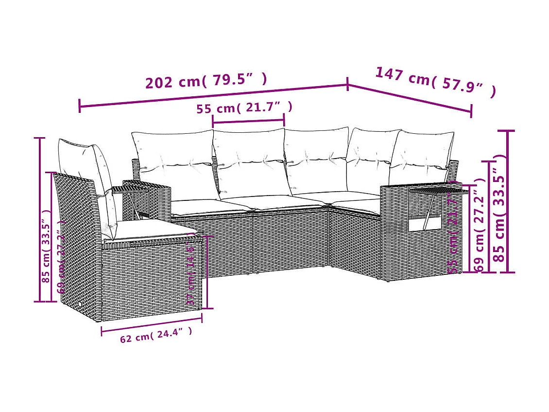 5-delige Loungeset met kussens poly rattan zwart