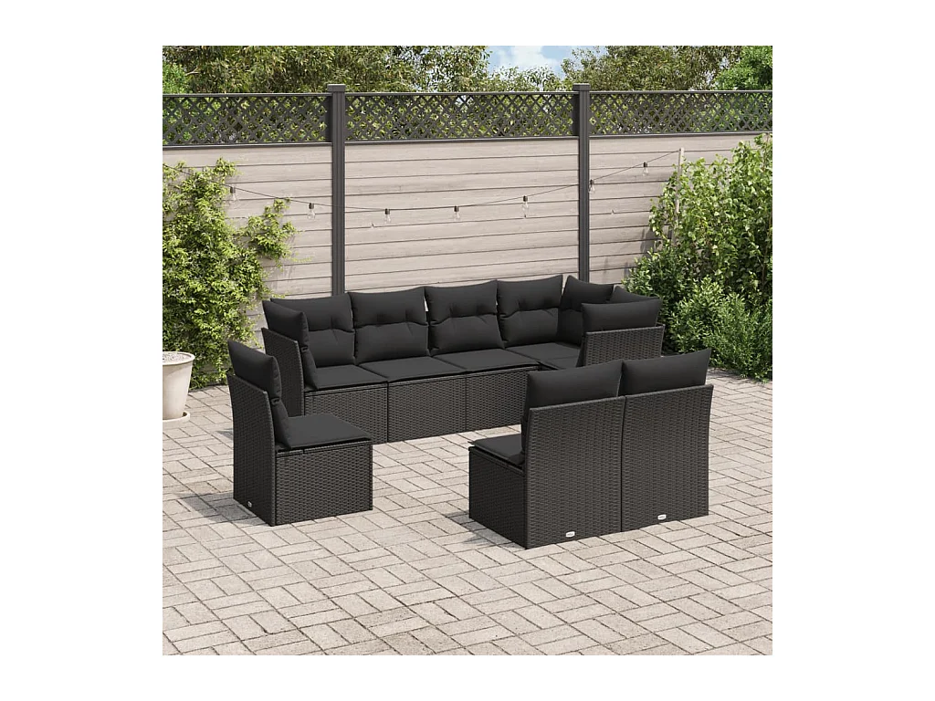 Salon de jardin 8 pcs avec coussins noir résine tressée