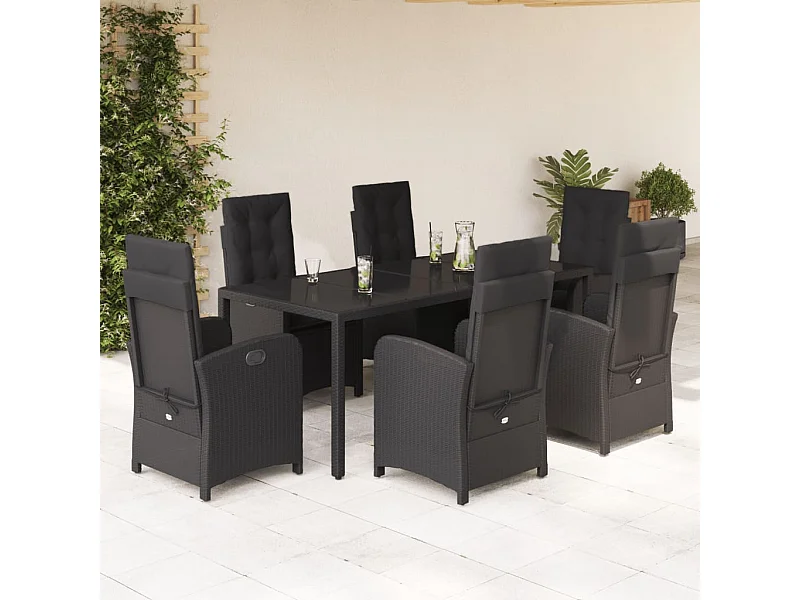Set da Pranzo da Giardino 7 pz Nero con Cuscini in Polyrattan