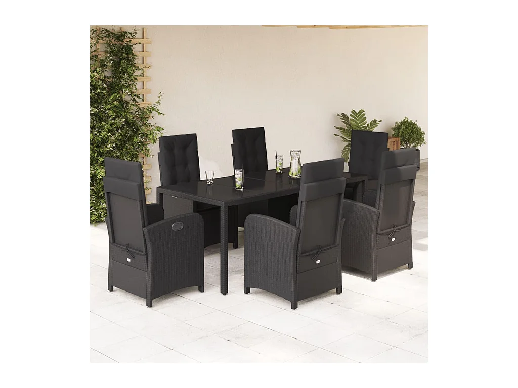 Ensemble à manger de jardin coussins 7pcs Noir Résine tressée