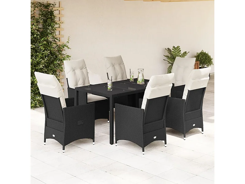 Ensemble à manger de jardin coussins 7pcs Noir Résine tressée