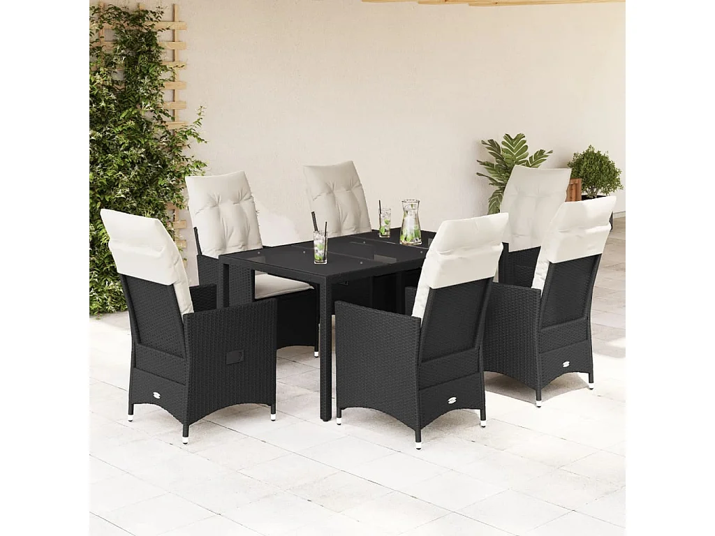 Ensemble à manger de jardin coussins 7pcs Noir Résine tressée