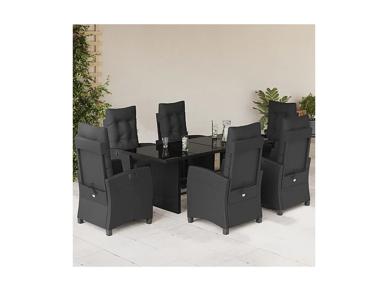 7 pcs conjunto de jantar p/ jardim c/ almofadões vime PE preto
