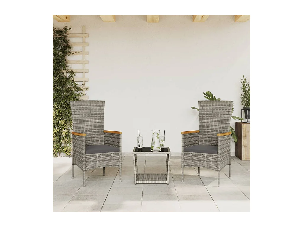Set comedor de jardín 3 piezas con cojines ratán sintético gris