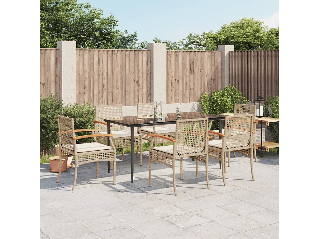 Ensemble à manger de jardin et coussins 7 pcs beige poly rotin