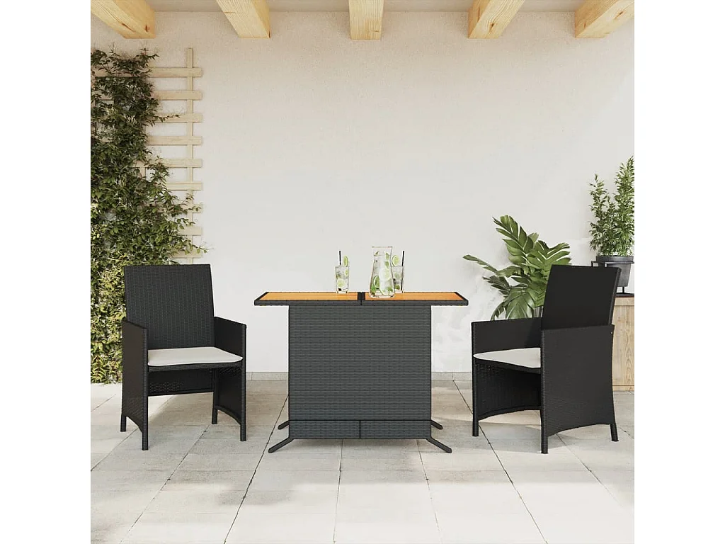 3 pcs conjunto de bistrô com almofadões vime PE preto