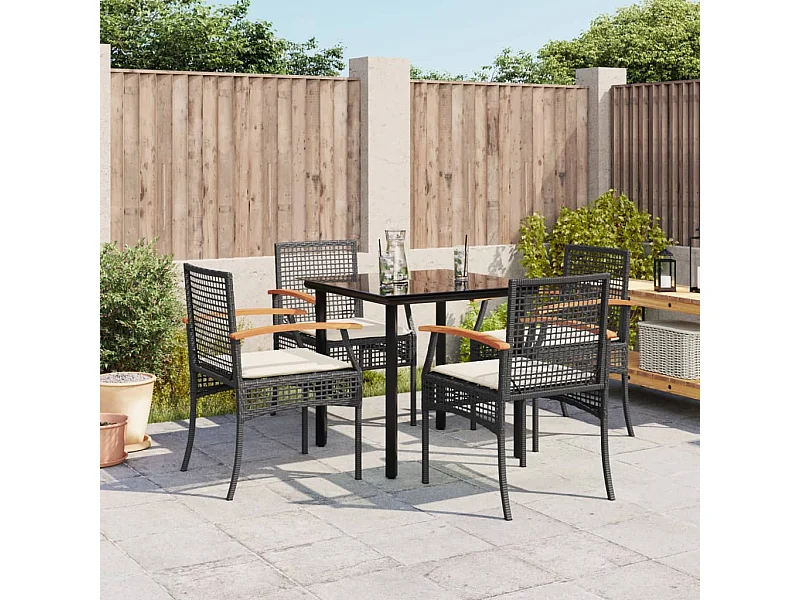 5-tlg. Garten-Essgruppe mit Kissen Schwarz Poly Rattan