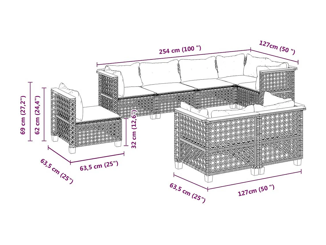 Set Divano da Giardino 8 pz con Cuscini Grigio in Polyrattan