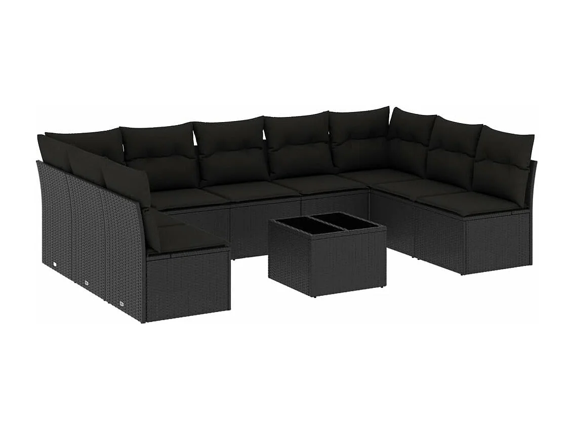 10-delige Loungeset met kussens poly rattan zwart