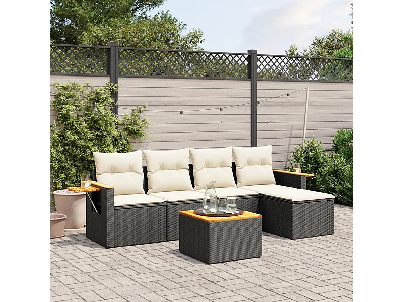 Set Divano da Giardino 6 pz con Cuscini Nero in Polyrattan