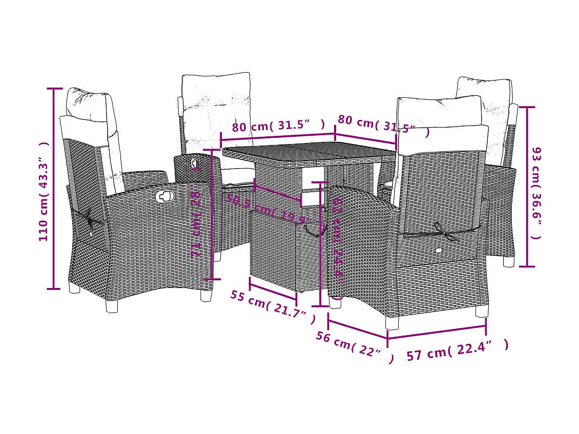 Set da Pranzo da Giardino 5 pz con Cuscini Beige in Polyrattan