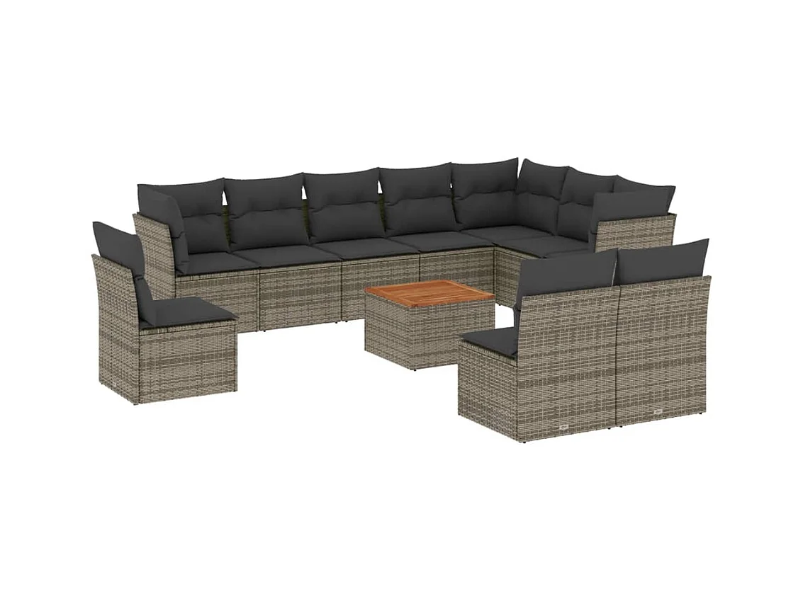 11-tlg. Garten-Sofagarnitur mit Kissen Grau Poly Rattan
