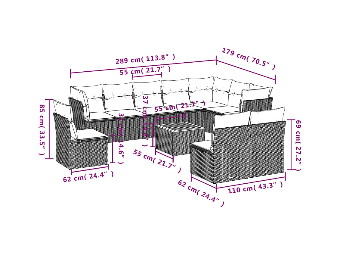 11-tlg. Garten-Sofagarnitur mit Kissen Grau Poly Rattan
