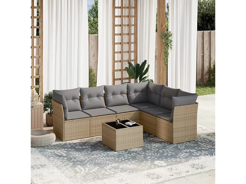 7-tlg. Garten-Sofagarnitur mit Kissen Beige Poly Rattan