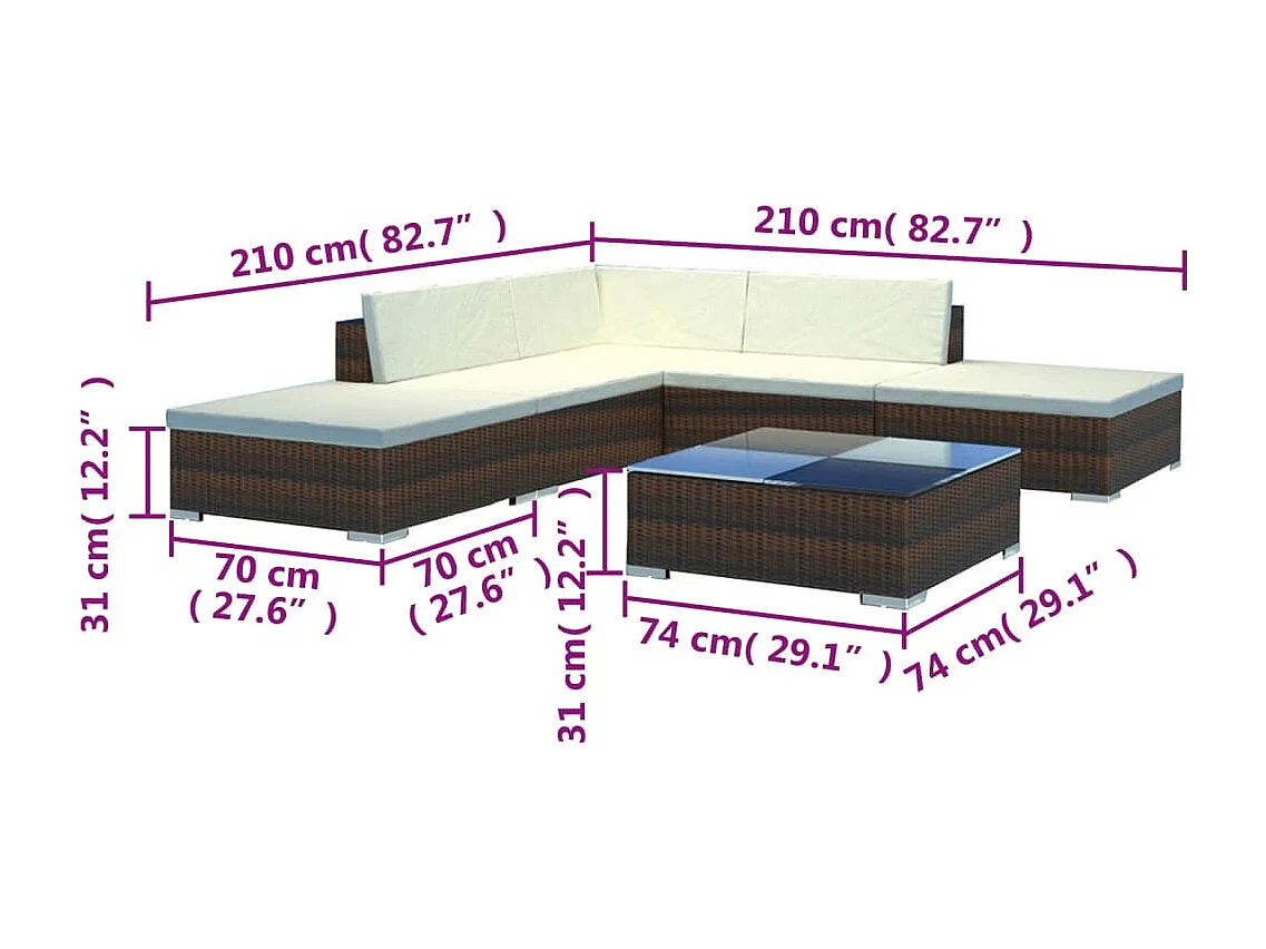 Set Divani da Giardino 6 pz con Cuscini in Polyrattan Marrone