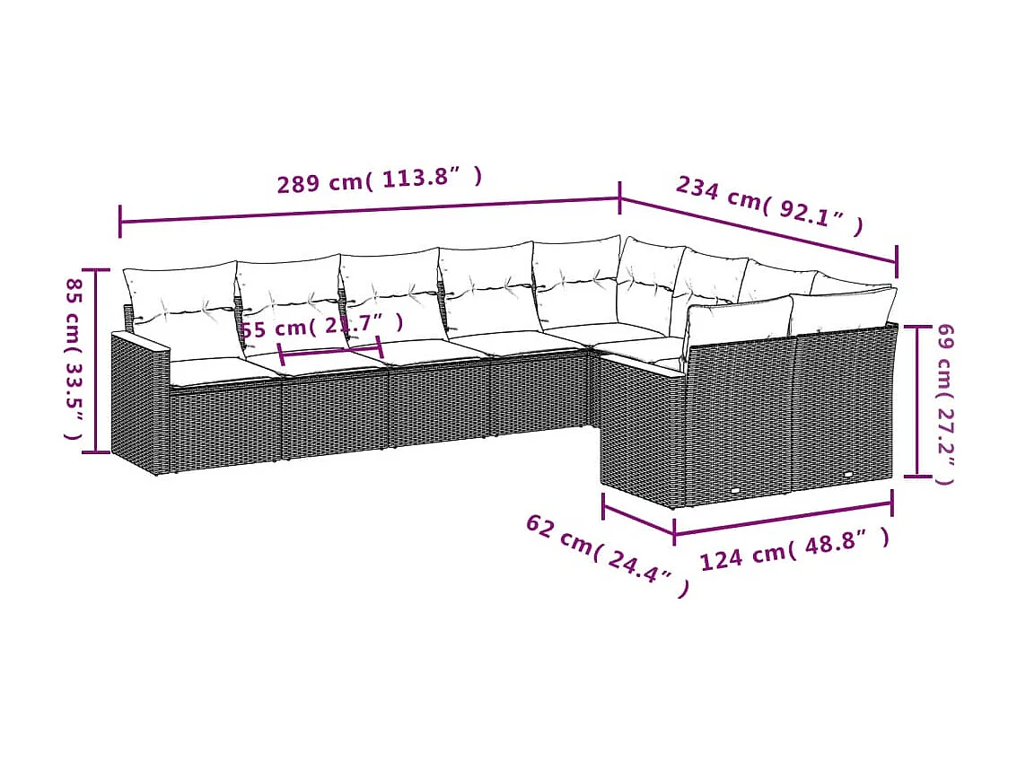 9 pcs conjunto sofás p/ jardim com almofadões vime PE cinzento
