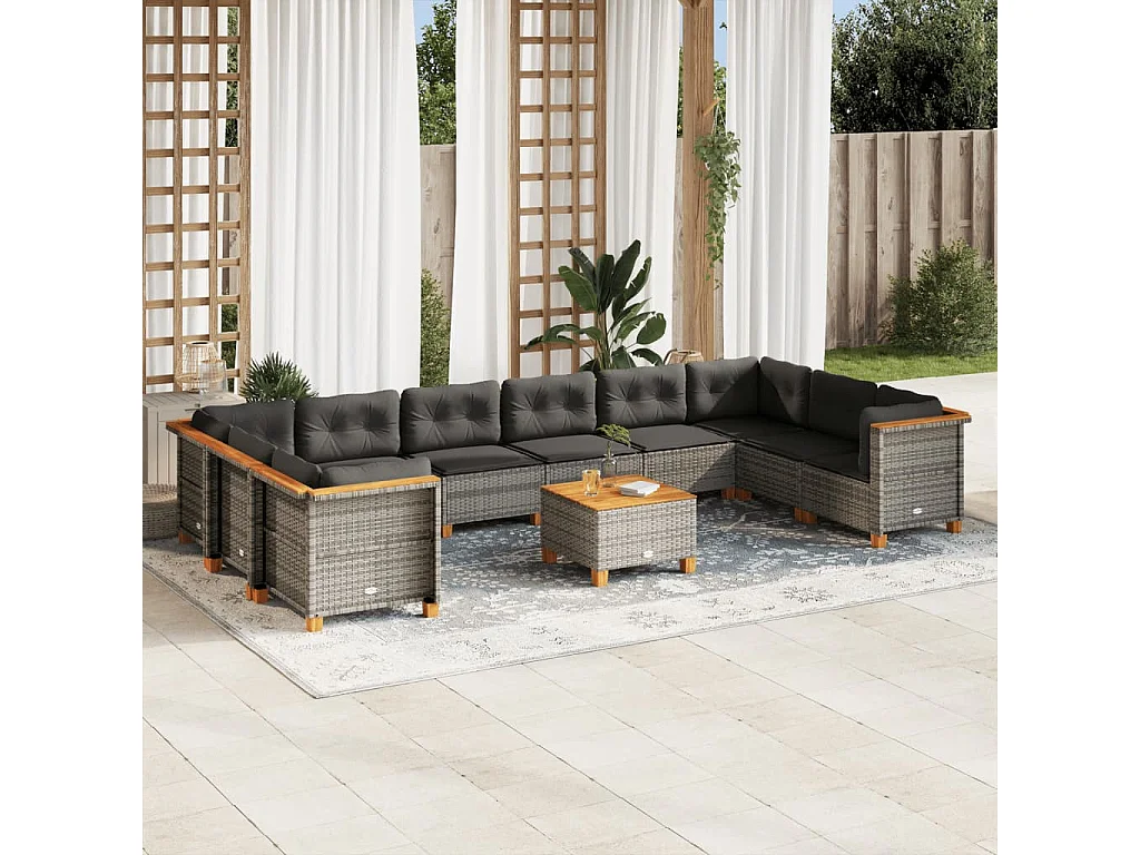 11-delige Loungeset met kussens poly rattan grijs