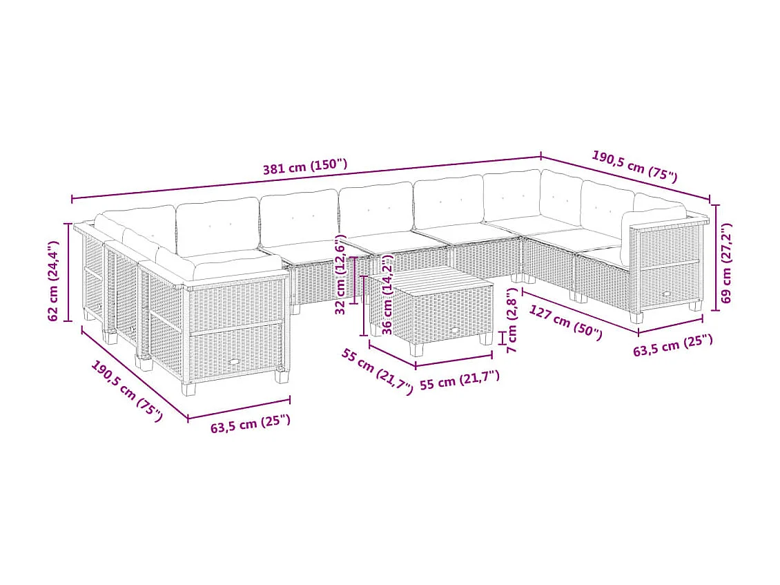 11-delige Loungeset met kussens poly rattan grijs