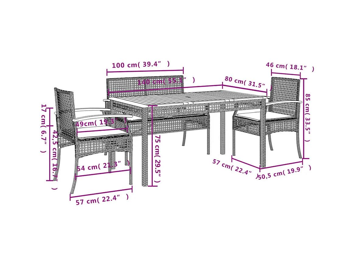 Set comedor de jardín 5 piezas con cojines ratán sintético gris