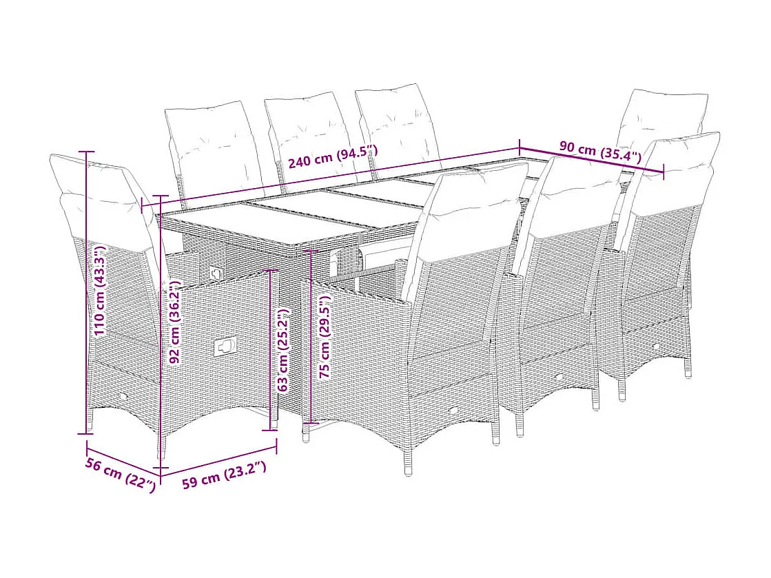 Set Bistrò da Giardino 9 pz con Cuscini in Polyrattan Nero