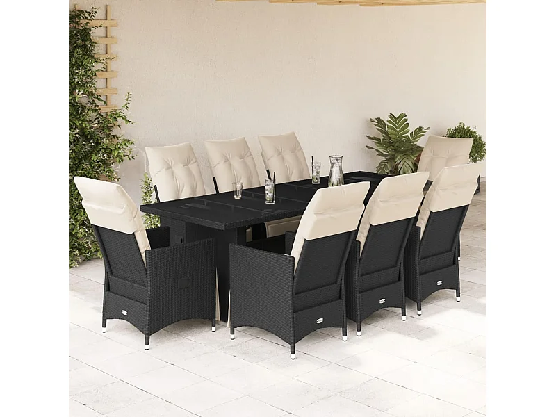 Set Bistrò da Giardino 9 pz con Cuscini in Polyrattan Nero