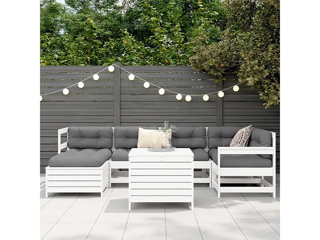 Salon de jardin 7 pcs blanc bois de pin massif