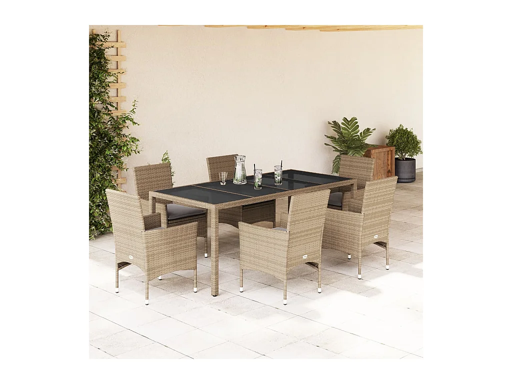 Ensemble à manger de jardin et coussins 7 pcs beige rotin verre