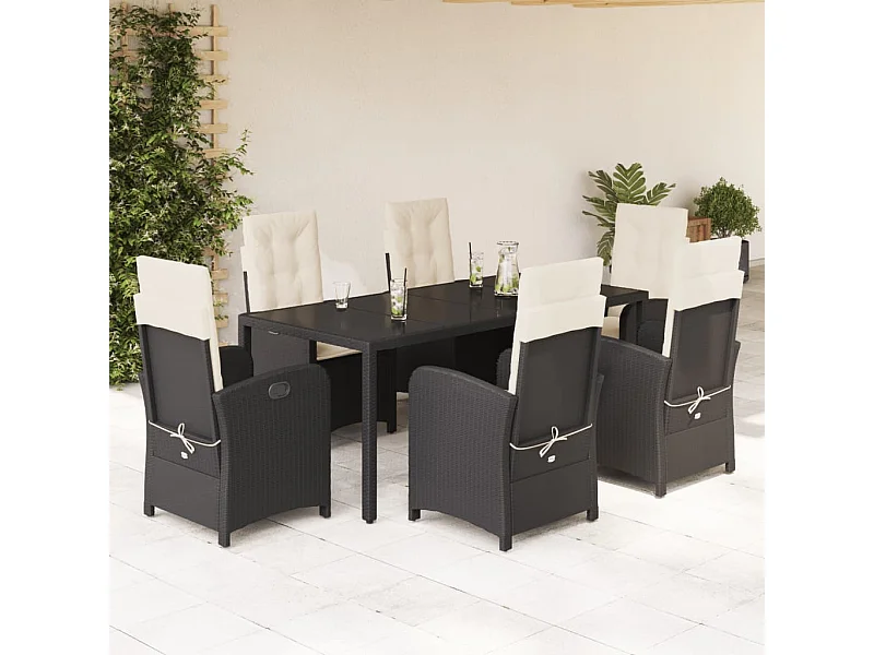 7-tlg. Garten-Essgruppe mit Kissen Schwarz Poly Rattan