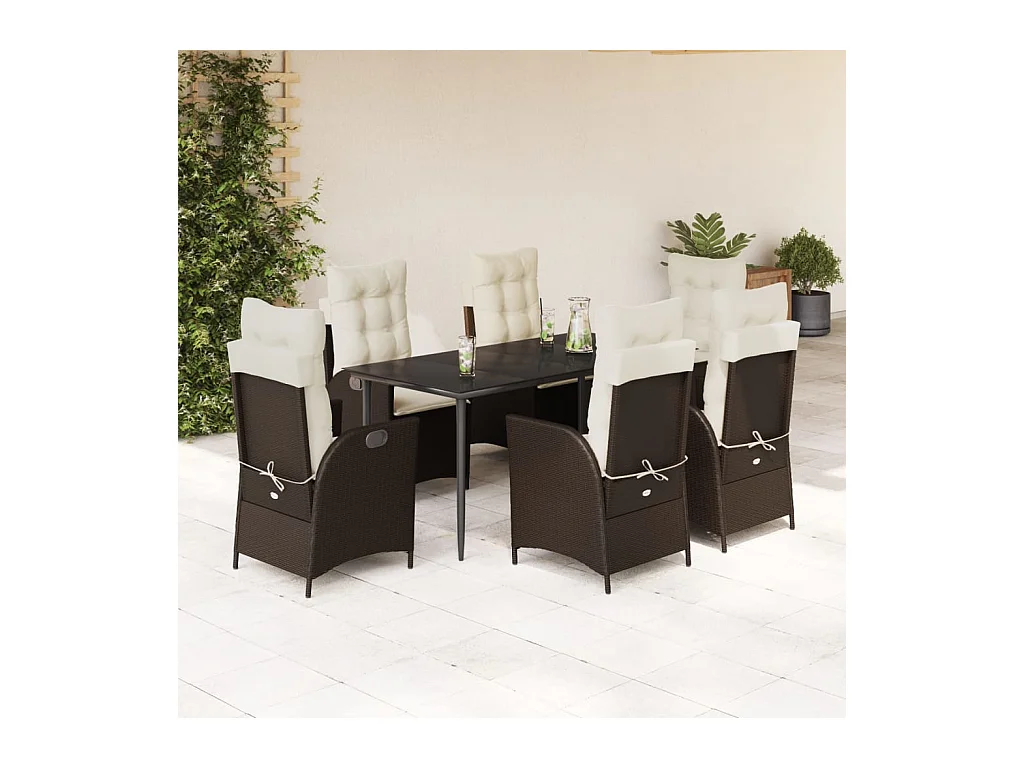 Set da Pranzo da Giardino 7pz con Cuscini in Polyrattan Marrone