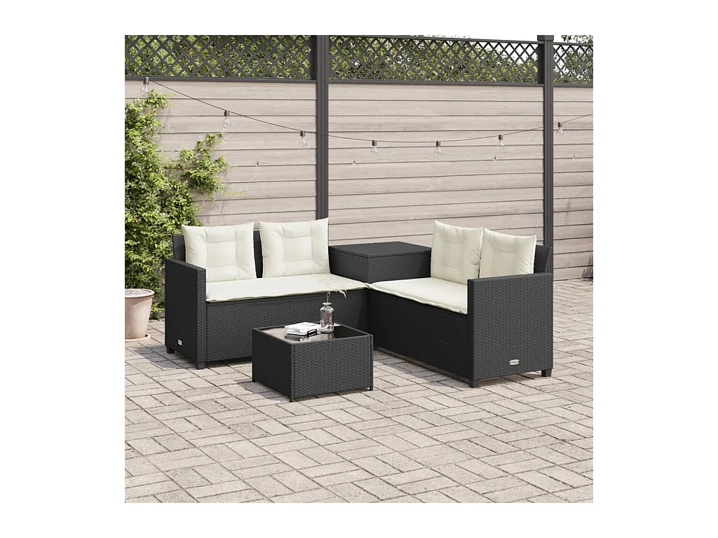 Canapé de jardin avec table et coussins en forme de L noir